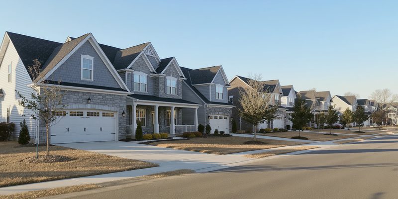 Newer Pennsylvania suburban development of stone-front colonial homes on a curving street
