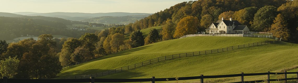Rolling Pennsylvania horse-country pasture with post-and-rail fencing and a fieldstone farmhouse