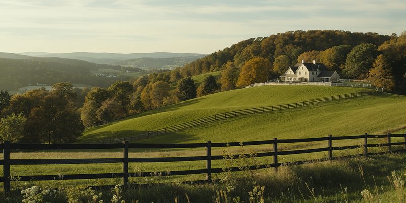 Rolling Pennsylvania horse-country pasture with post-and-rail fencing and a fieldstone farmhouse