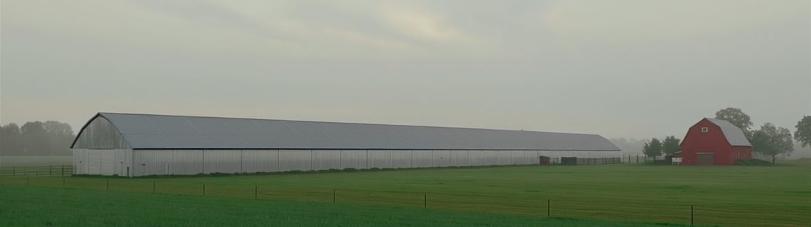 Long low white agricultural growing houses beside a red barn in green Chester County farm fields
