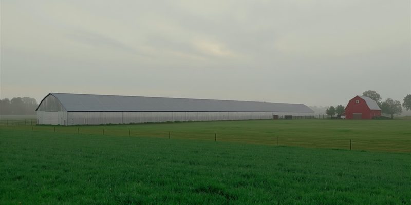 Long low white agricultural growing houses beside a red barn in green Chester County farm fields