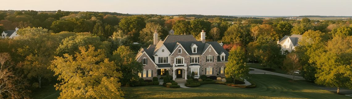 Upscale suburban Pennsylvania street of large brick-and-stone colonial homes with mature oak trees
