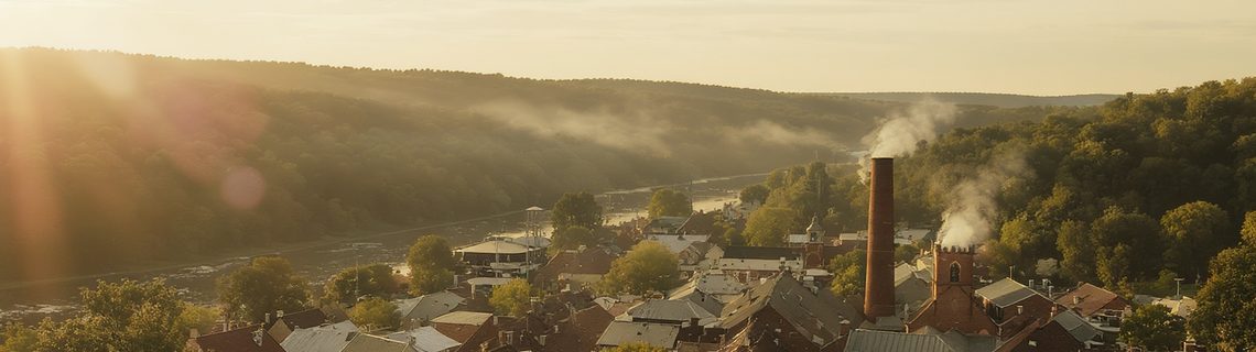 Elevated view of a small brick mill town in a river valley at golden hour, with an industrial smokestack rising above the rooftops