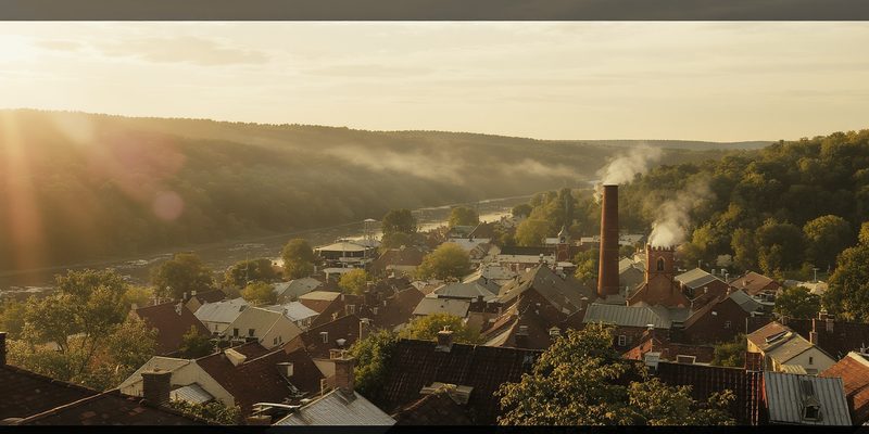 Elevated view of a small brick mill town in a river valley at golden hour, with an industrial smokestack rising above the rooftops