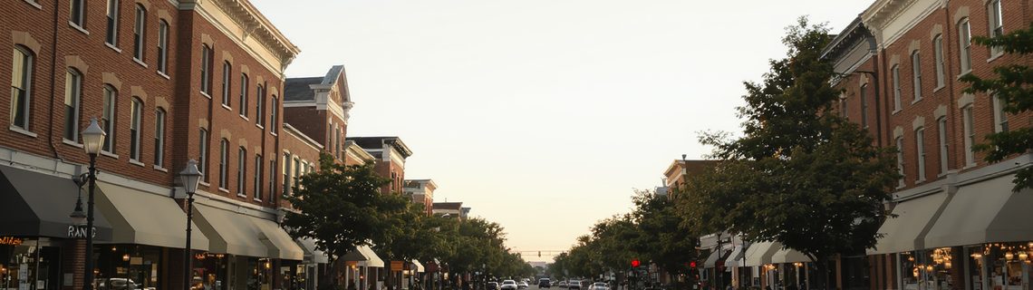 Wide main street lined with three-story brick commercial buildings and awnings at dusk