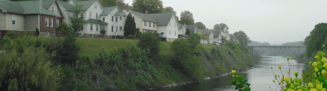 Pennsylvania riverside town with houses stepping up a hillside above a slow green river