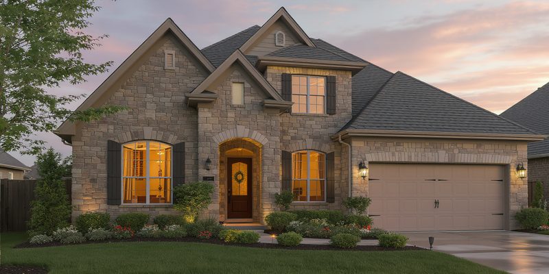 Stone and brick suburban home at dusk with warm light glowing in the windows