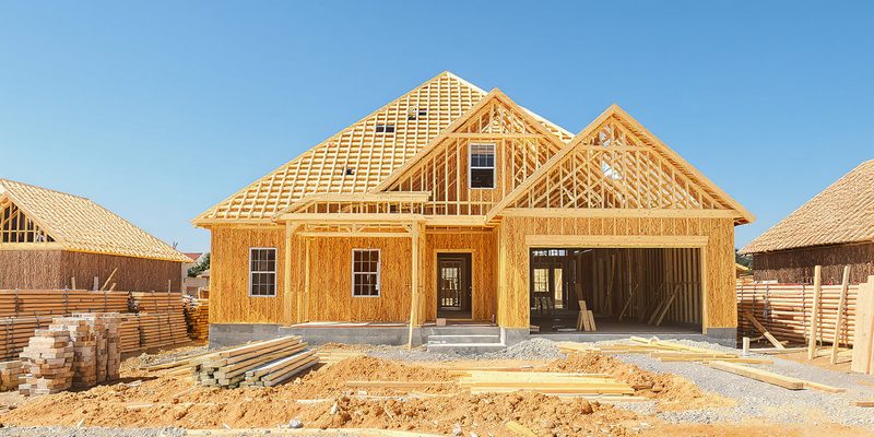 Newly framed suburban house under construction with clean lumber framing and house wrap