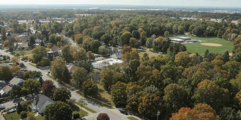 Aerial view of a leafy Pennsylvania suburb with curving streets and dense tree canopy